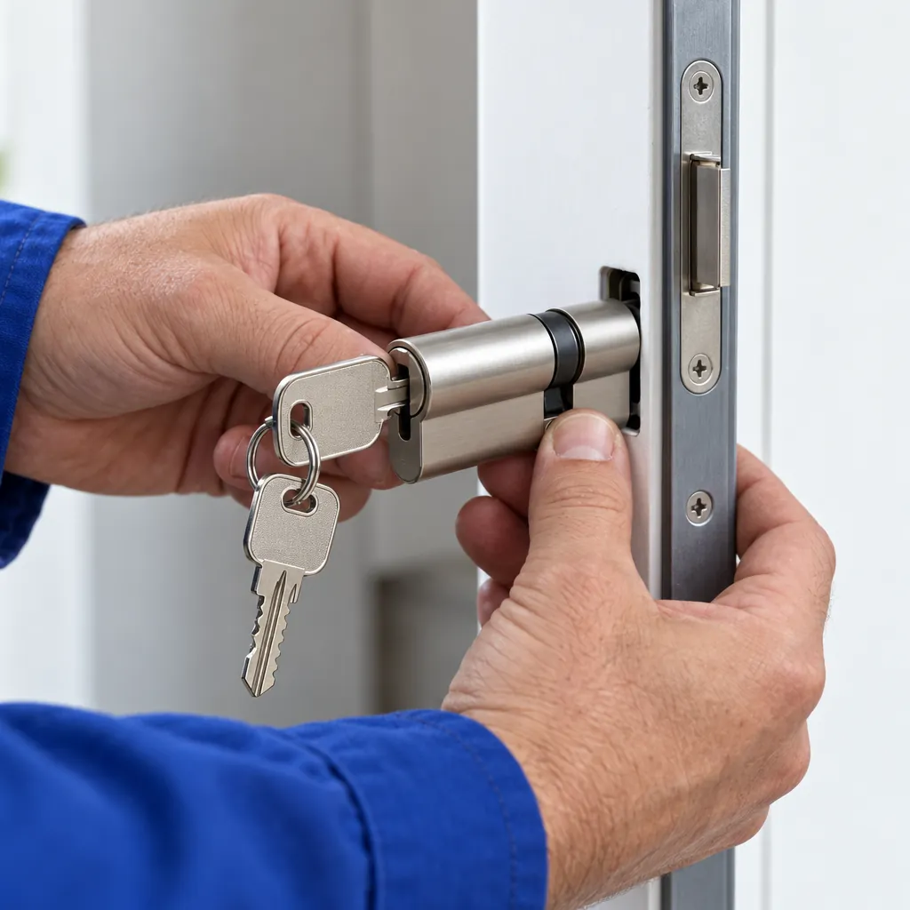 Pose d'un cylindre européen neuf sur une porte d'appartement