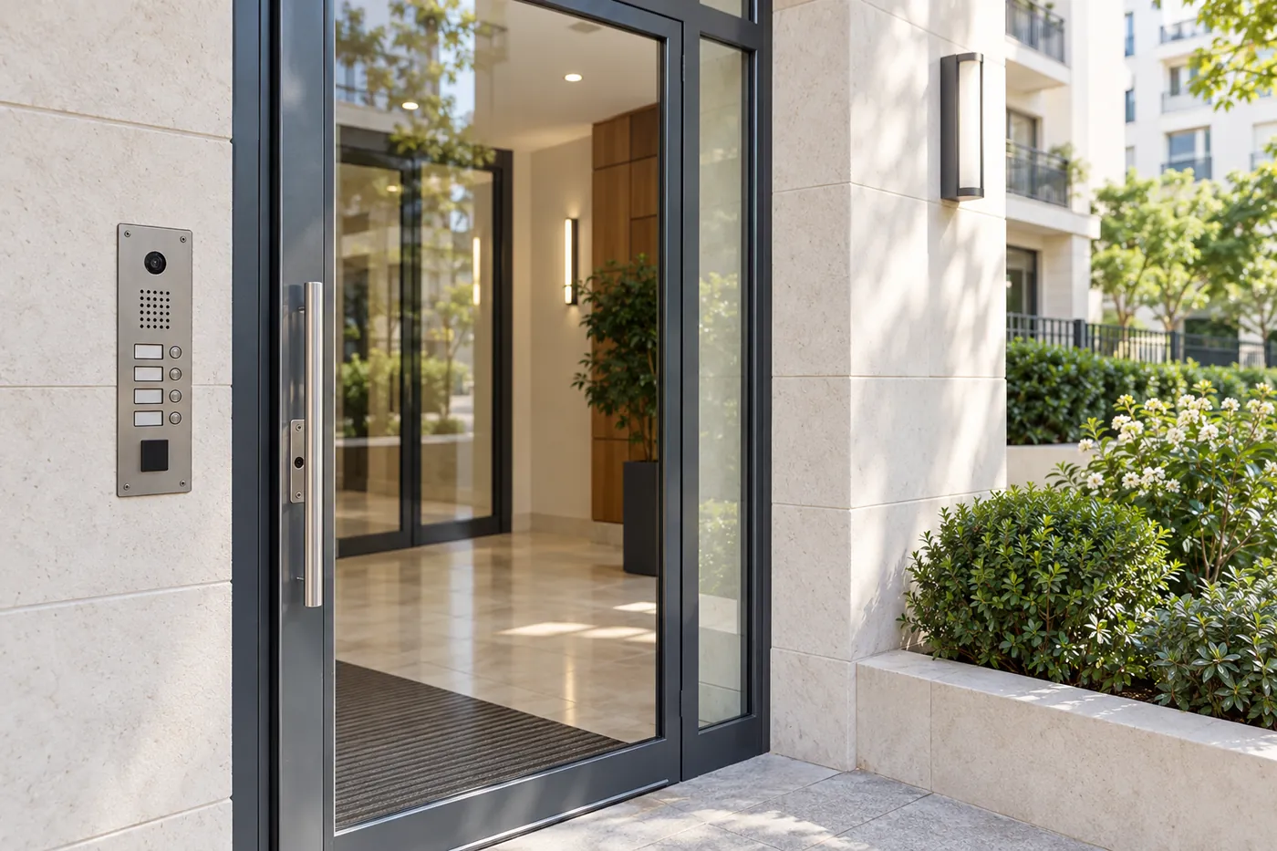 Hall vitré d'un immeuble résidentiel à Courbevoie