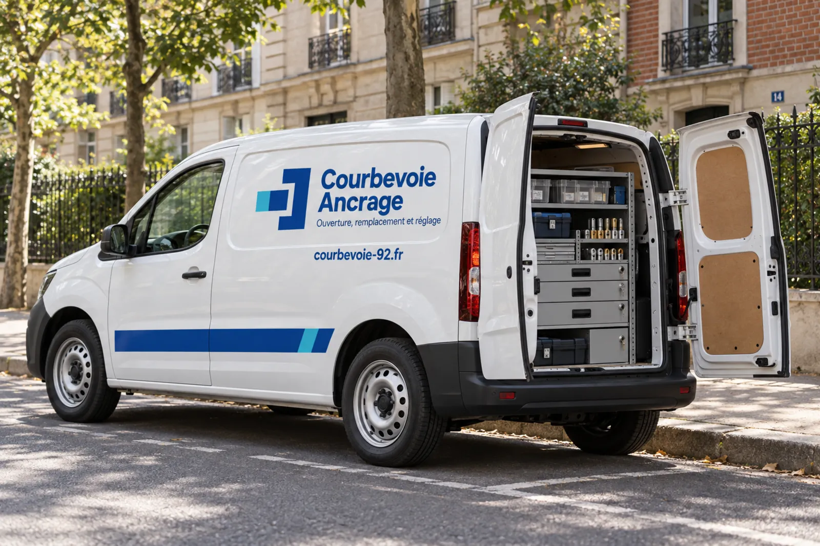 Véhicule atelier Courbevoie Ancrage stationné dans une rue de Courbevoie, portes arrière ouvertes sur les rangements de pièces